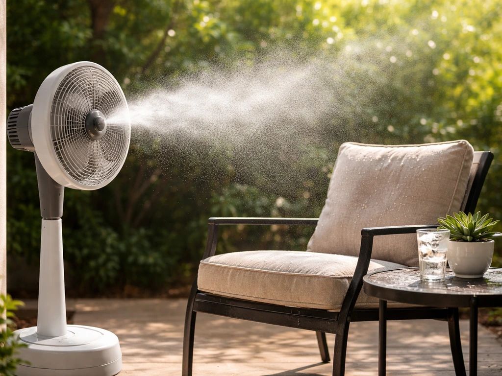 Portable mister fan spraying fine mist over a patio chair and side table in partial shade