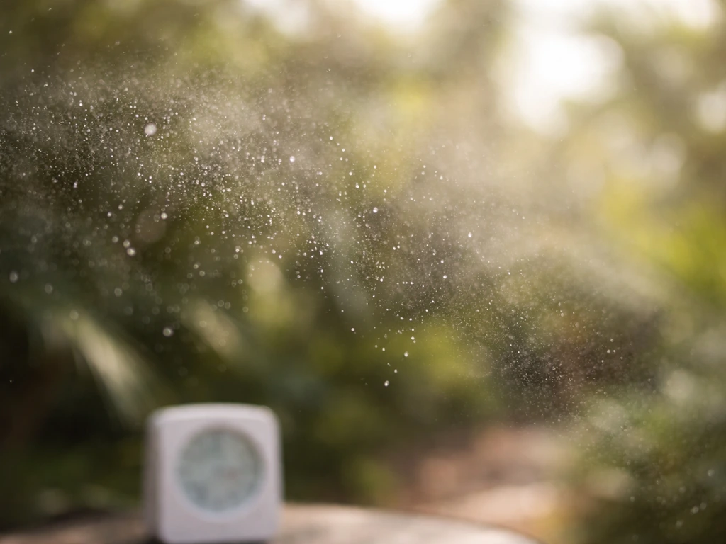 Close-up mist droplets evaporating in humid air with a small humidity gauge in the background