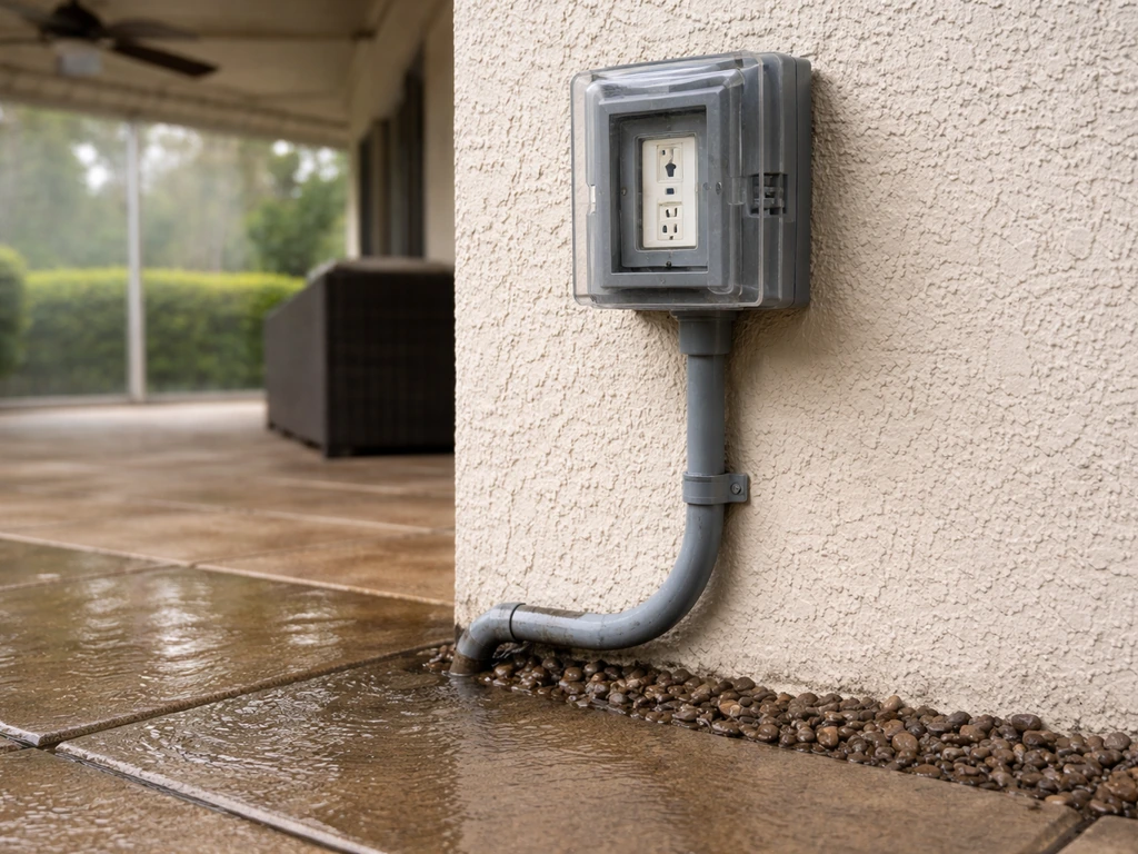 Outdoor GFCI-protected outlet cover beside a patio fan, with downward drainage routing to prevent standing water.