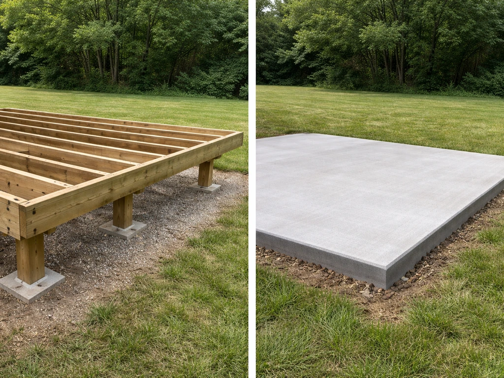 Split view of a ground-level deck frame beside a poured concrete patio slab.
