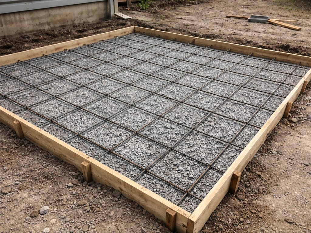 Concrete patio base under construction with compacted gravel, wooden forms, and rebar ready for pouring