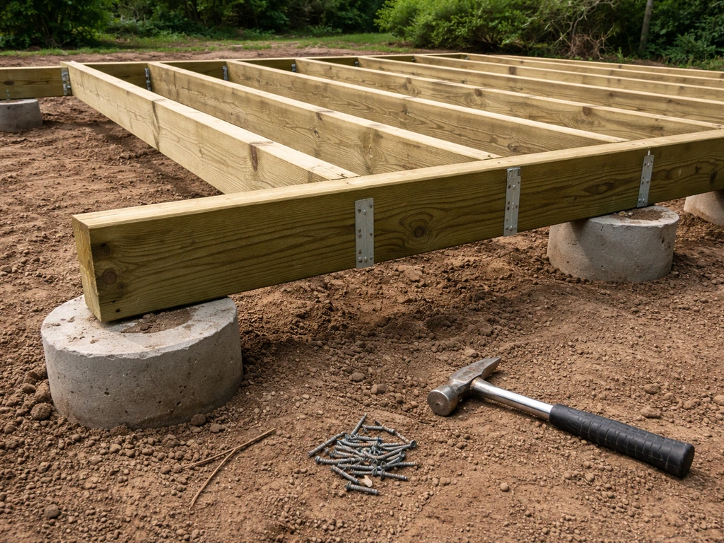 Ground-level deck framing with concrete pier footings and joists being assembled on beams.
