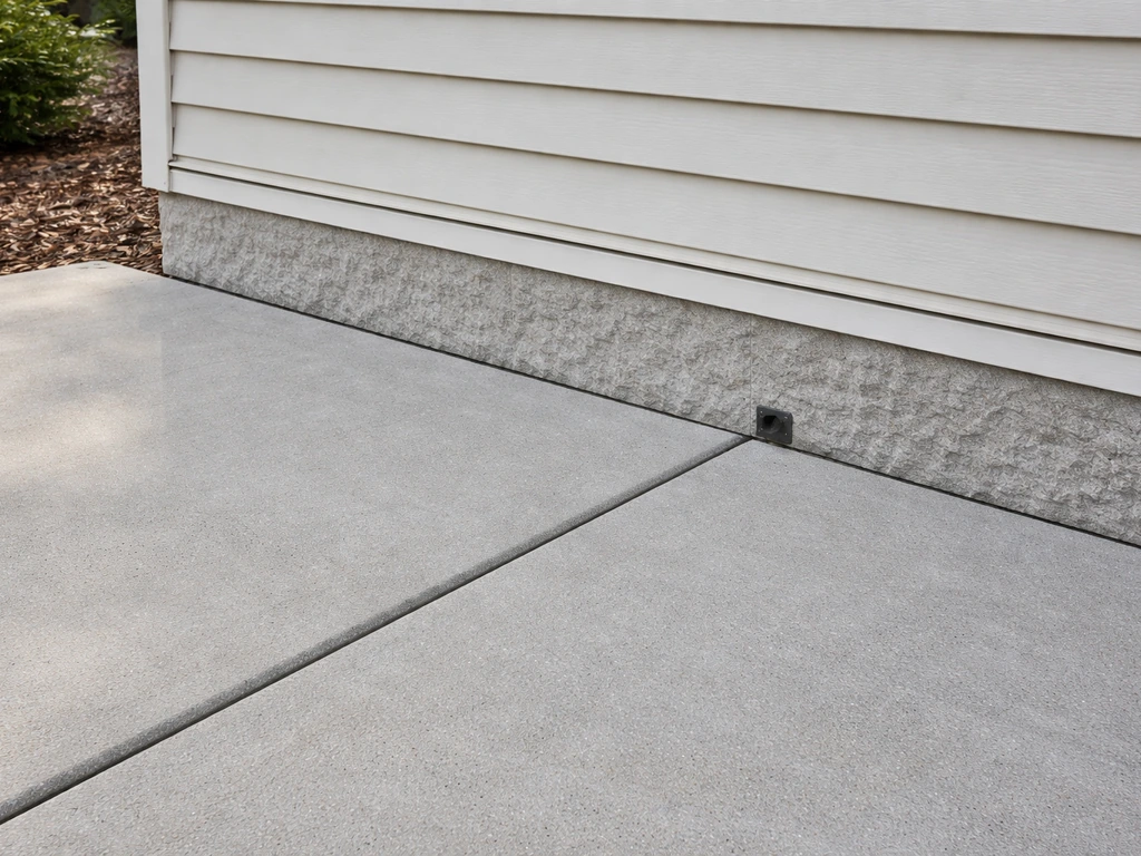 Concrete patio clearly separated from the house with an expansion gap and flashing at the foundation edge.