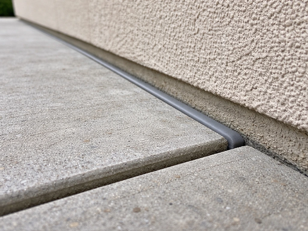 Concrete slab patio meeting a house, showing an isolation joint gap with backer rod and sealant line