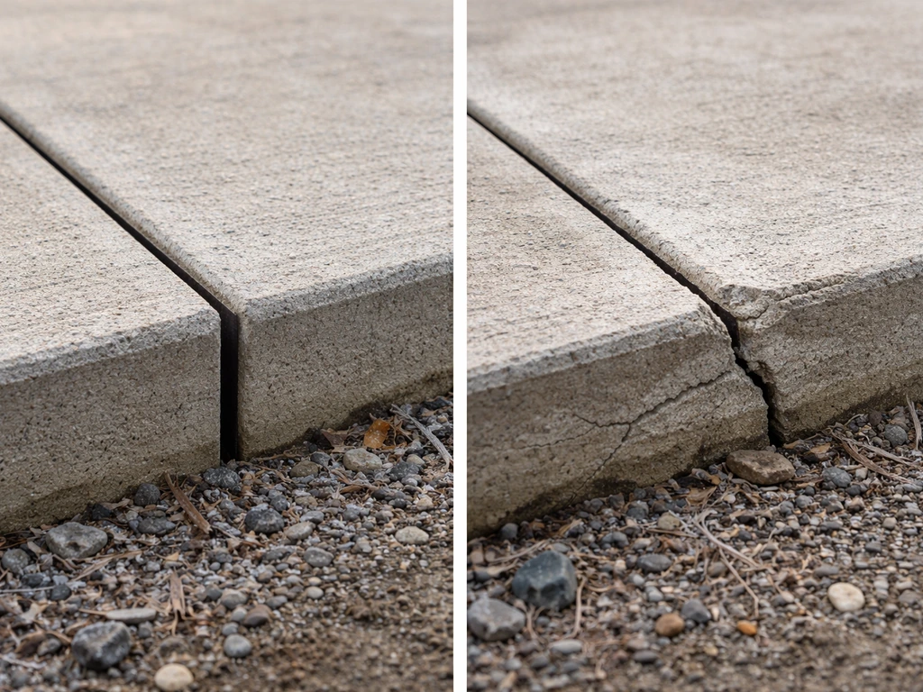 Two-panel close-up of concrete: full-depth isolation joint prevents cracking vs. missing joint leads to cracks.