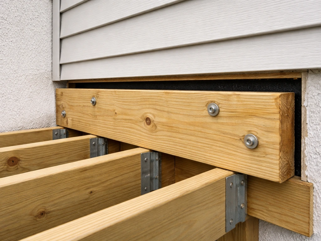 Cross-section showing a ledger board with clearance gaps from siding for a deck/porch connection.