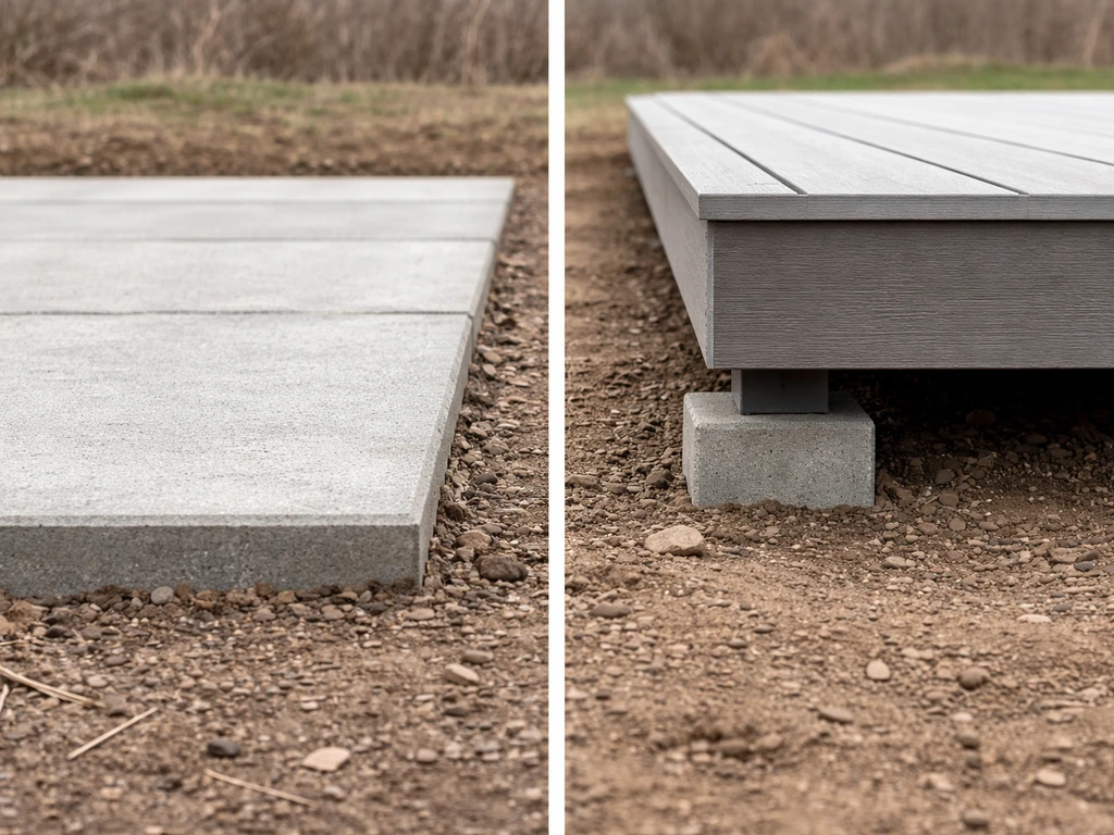 Close-up showing an at-grade patio beside an elevated low deck on footings.