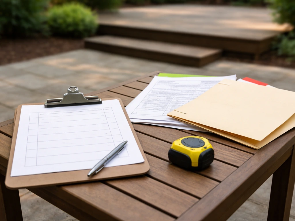 Clipboard and blank permit paperwork on an outdoor table with low deck and patio blurred behind.