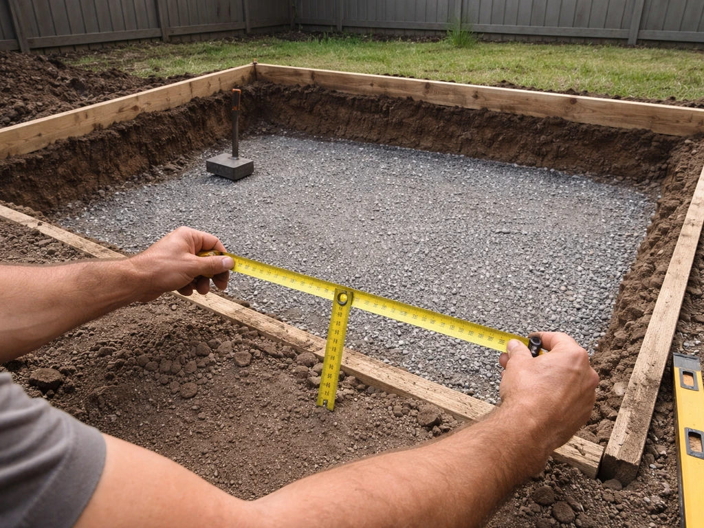 Hands measuring depth in an excavated backyard patio base with compacted gravel and wood forms