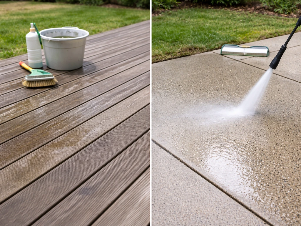 Two side-by-side outdoor surfaces: weathered deck on the left and power-washed concrete patio on the right.