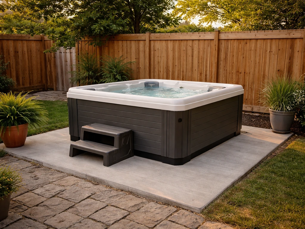 Hot tub safely placed on a level residential patio with clear access and minimal backyard clutter.