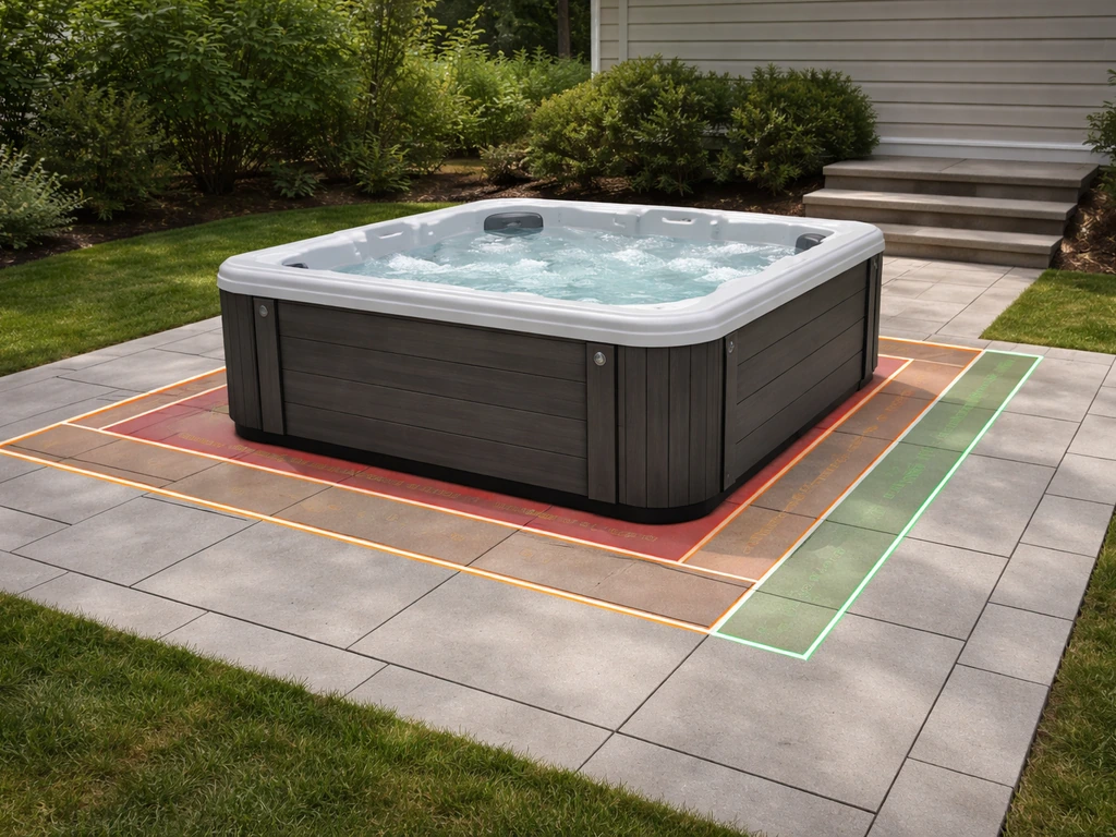 Backyard patio with a hot tub footprint and three subtle overlay zones for load, surface, and access.