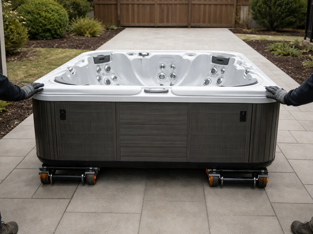 A hot tub on rollers being guided along a clear patio path with open side clearance for service.