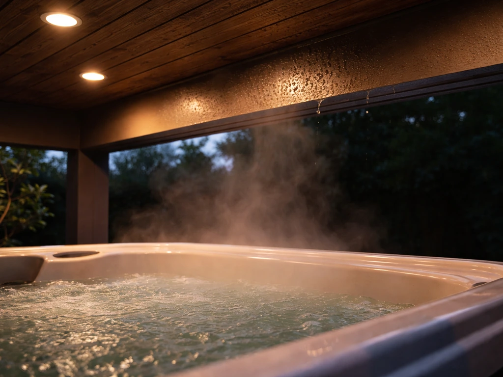 Hot tub steam rising under a covered patio roof, with slight condensation near the overhang edge.