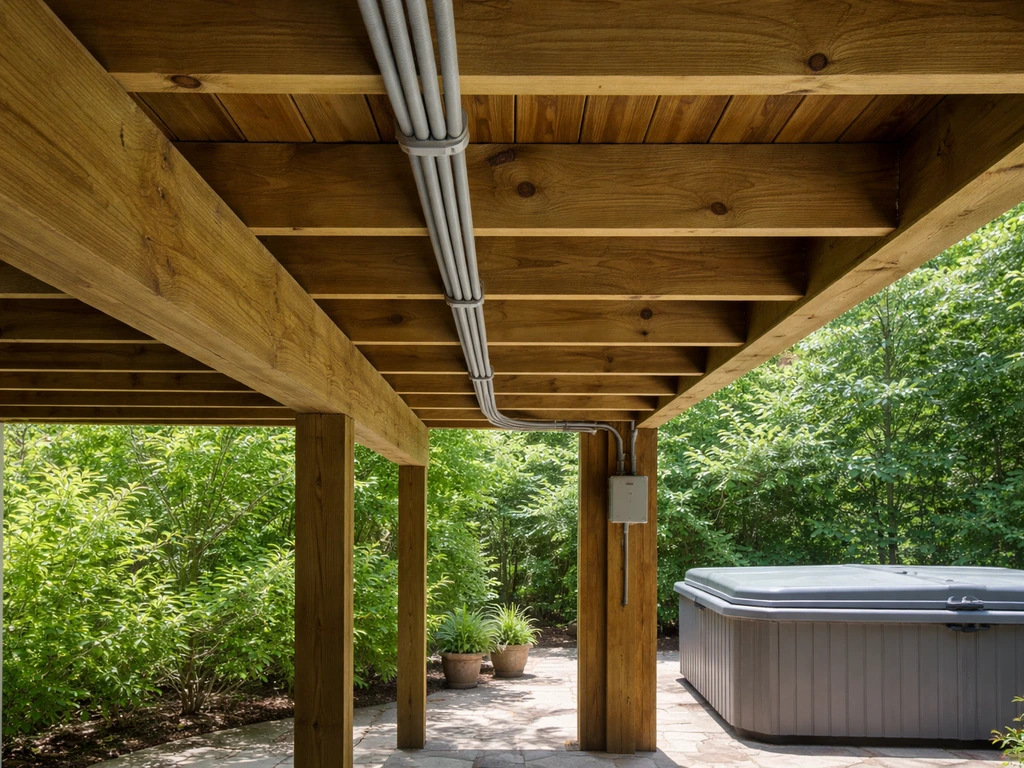 Covered patio ceiling with electrical conduit routed safely toward a hot tub disconnect