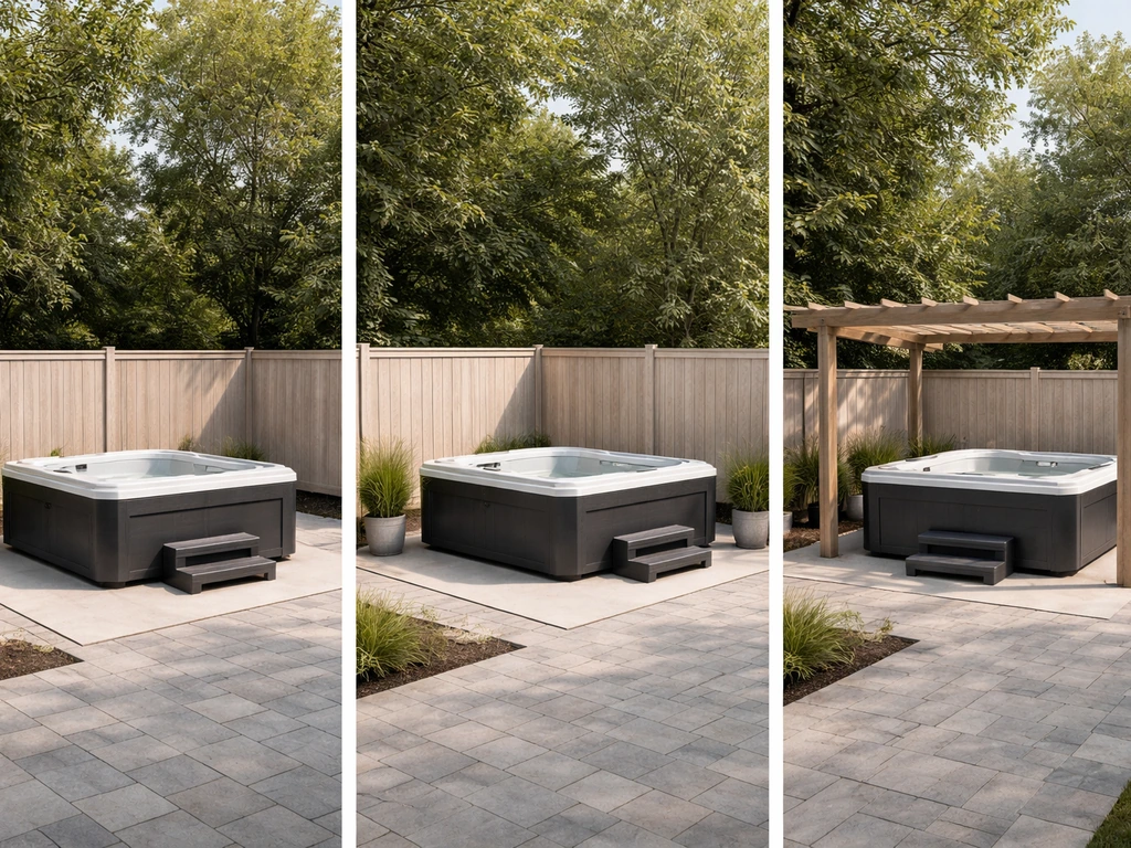 Three patio hot tub placement options side-by-side: on a concrete pad, in a corner, and under a pergola.