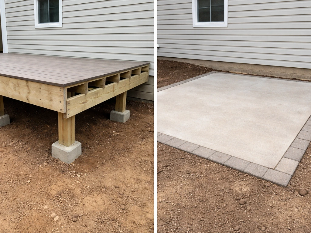 Split view showing a raised ledger-backed deck frame and a ground-level patio slab with pavers