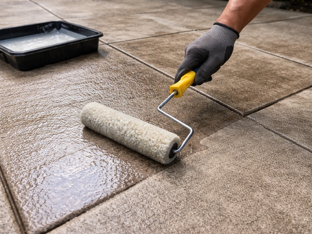 Closeup of a concrete patio worker applying clear sealer with a roller for ongoing upkeep