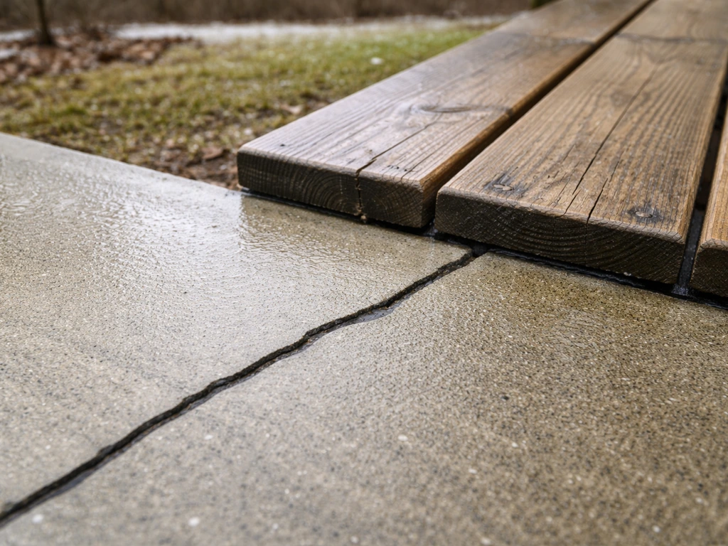 Close-up of weathered concrete patio crack and sealed edge beside a warped wood deck board