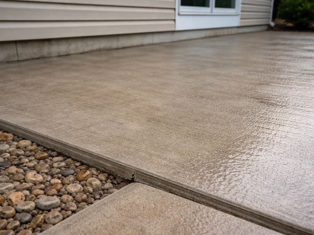Close-up of a sloped patio edge showing drainage direction away from the house.