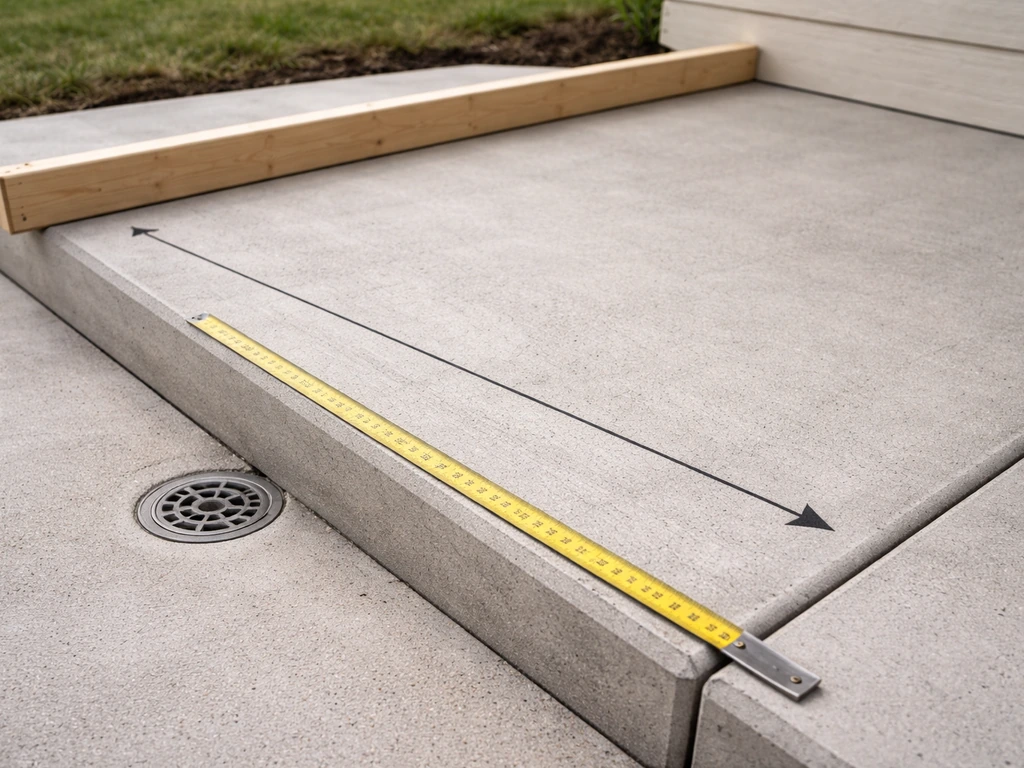 Minimal close-up of a sloped patio surface with subtle measuring cues showing drop over a run.