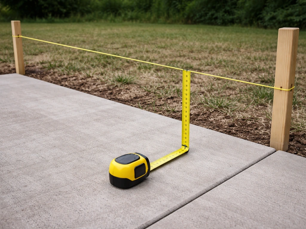 Outdoor patio with two stakes and a taut string line, with a tape measure checking slope.