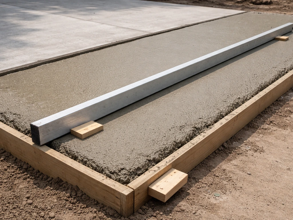 Straightedge on a fresh concrete slab with small shims indicating gentle and steeper patio slopes.