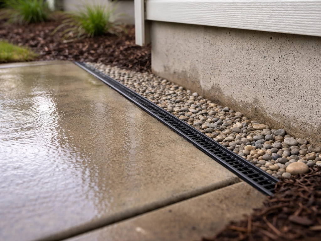Close-up of patio slope and edge drain guiding water away from a house foundation corner.