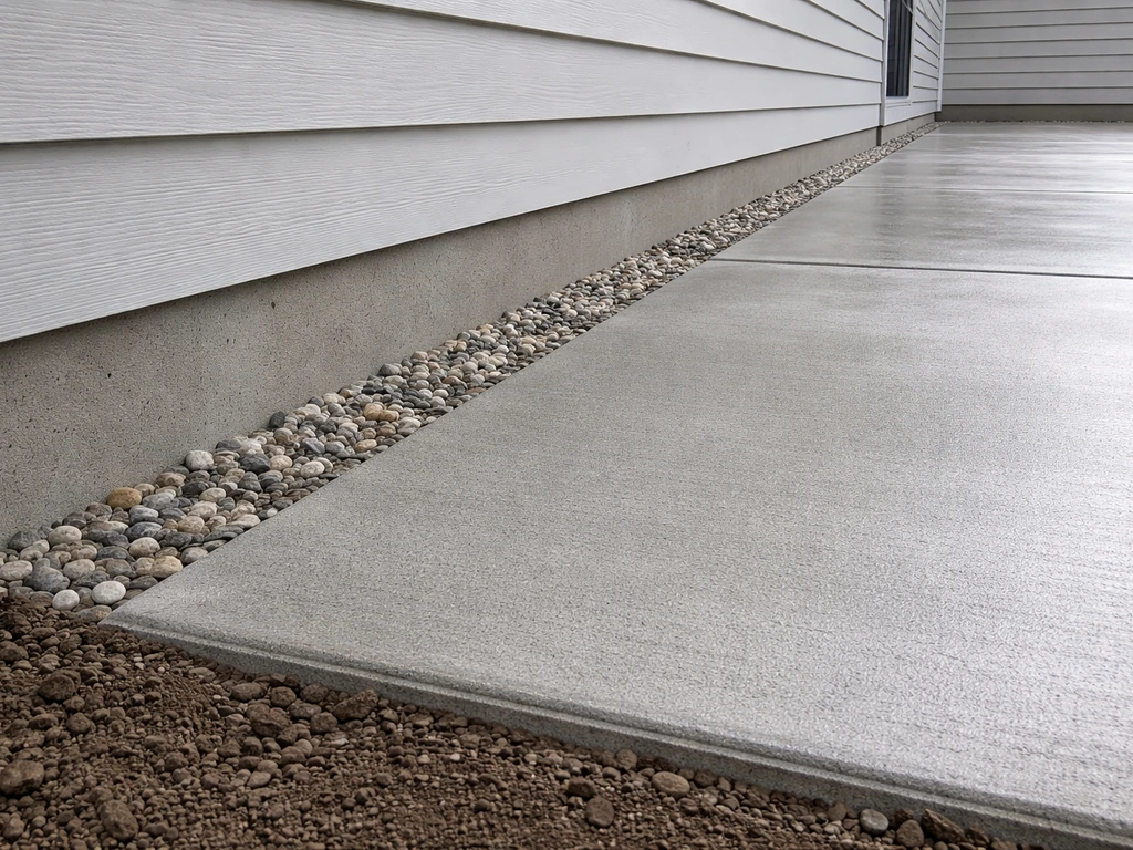 Concrete patio next to a house with a clear safety gap and drainage sloping away from the foundation.