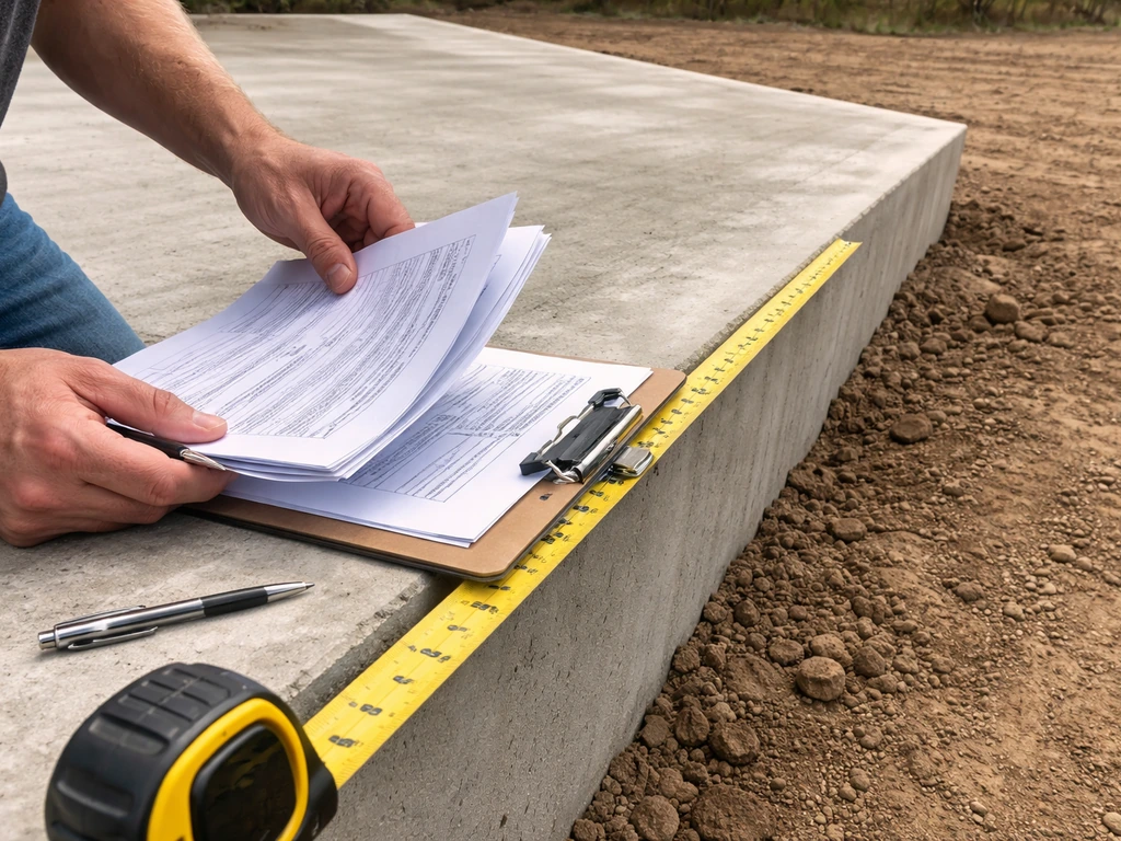 Homeowner inspecting patio placement documents near a concrete foundation with a yard tape measure