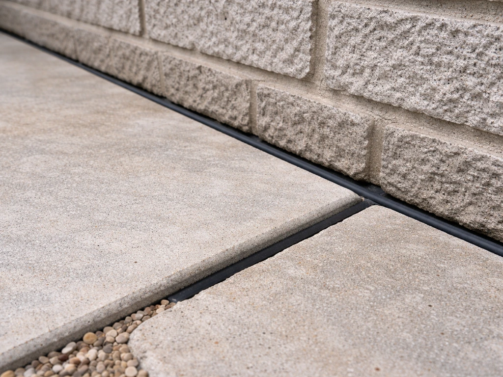 Close-up of a patio slab isolation joint gap between concrete and a foundation wall.