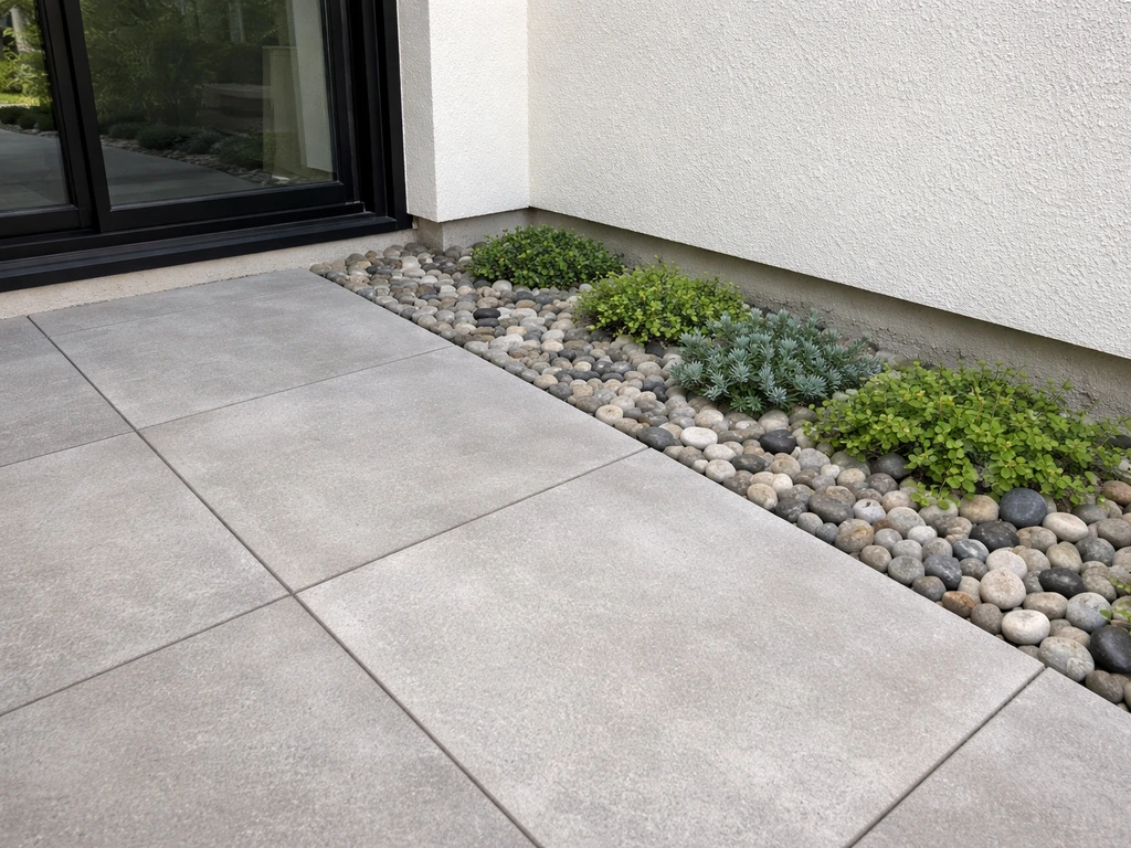 Patio pavers separated from a house foundation by a gravel-filled planting strip with low groundcover.
