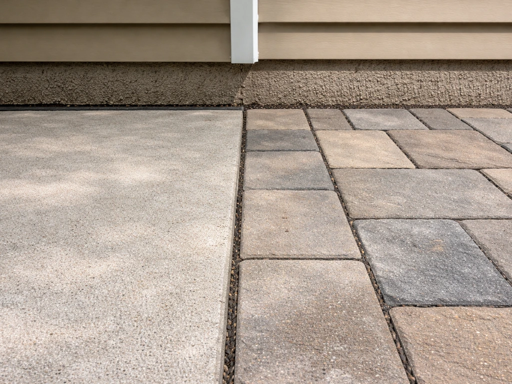Close-up patio edge details showing two different concrete joint and paver edge approaches side by side