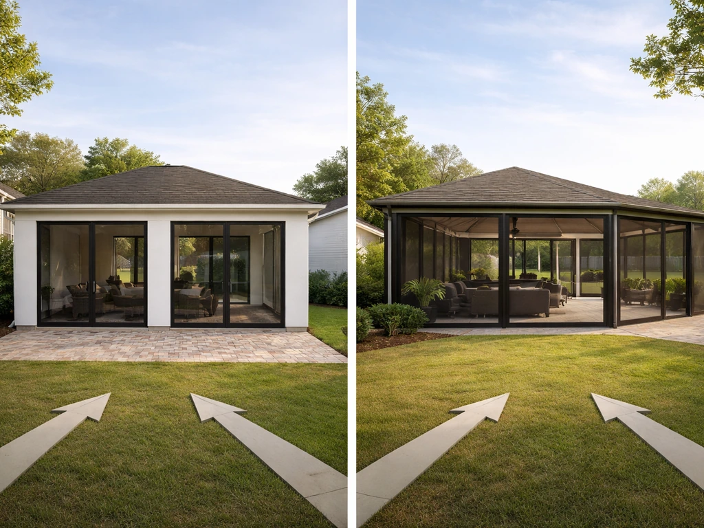 Side-by-side enclosed patio examples showing smaller vs larger scale with subtle arrows, no text.
