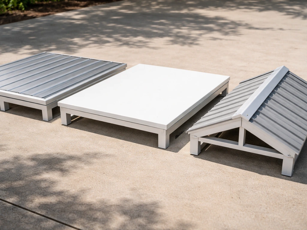 Close-up of three patio roof types: flat aluminum, insulated, and pitched, side-by-side with visible framing.