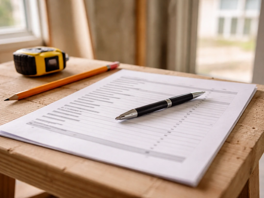 Close-up of a contractor quote sheet on a desk with tools and a pen, showing budget line items categories