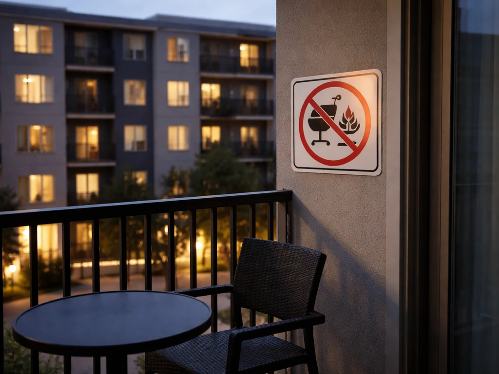 Apartment building patio balcony with a fire-safety style warning sign about open-flame grilling