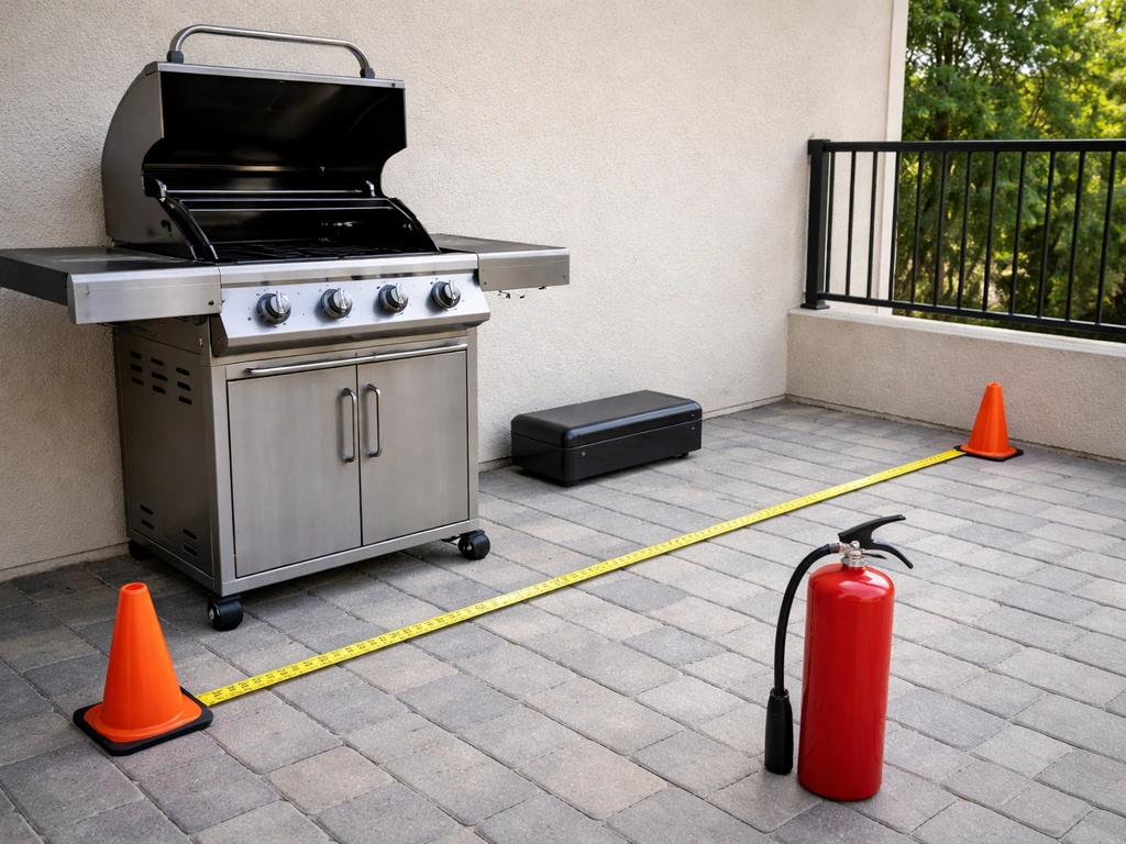 Backyard patio grill with measuring tape showing clearance to walls/railings, plus fire extinguisher nearby.