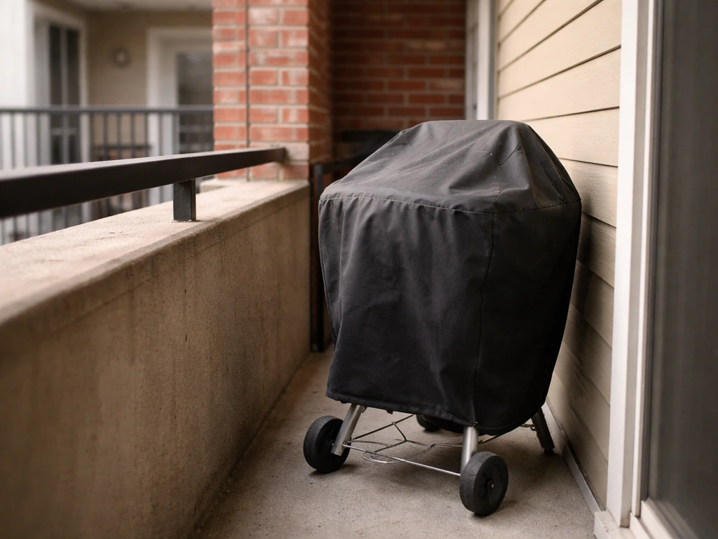 A quiet apartment balcony with a grill covered and neighbor wall visible, suggesting shared-space restrictions.