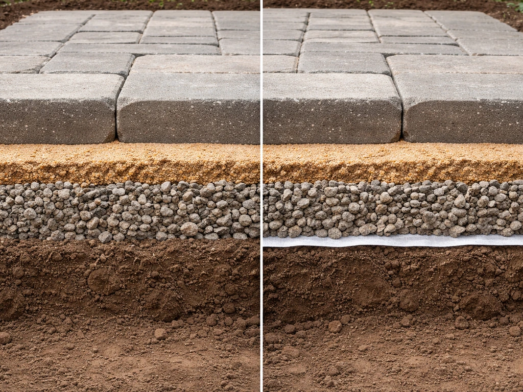 Side-by-side cross-section of a patio base with and without a membrane under pavers