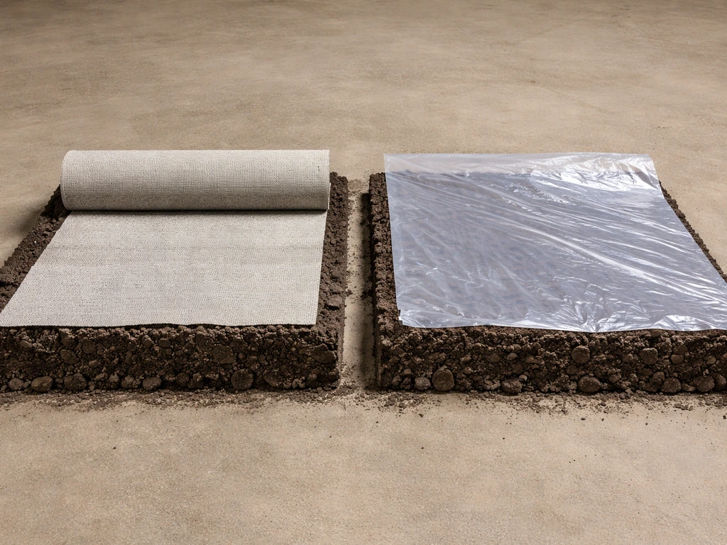 Close-up of geotextile fabric and a clear polyethylene vapor barrier laid over an earth subgrade cross-section.
