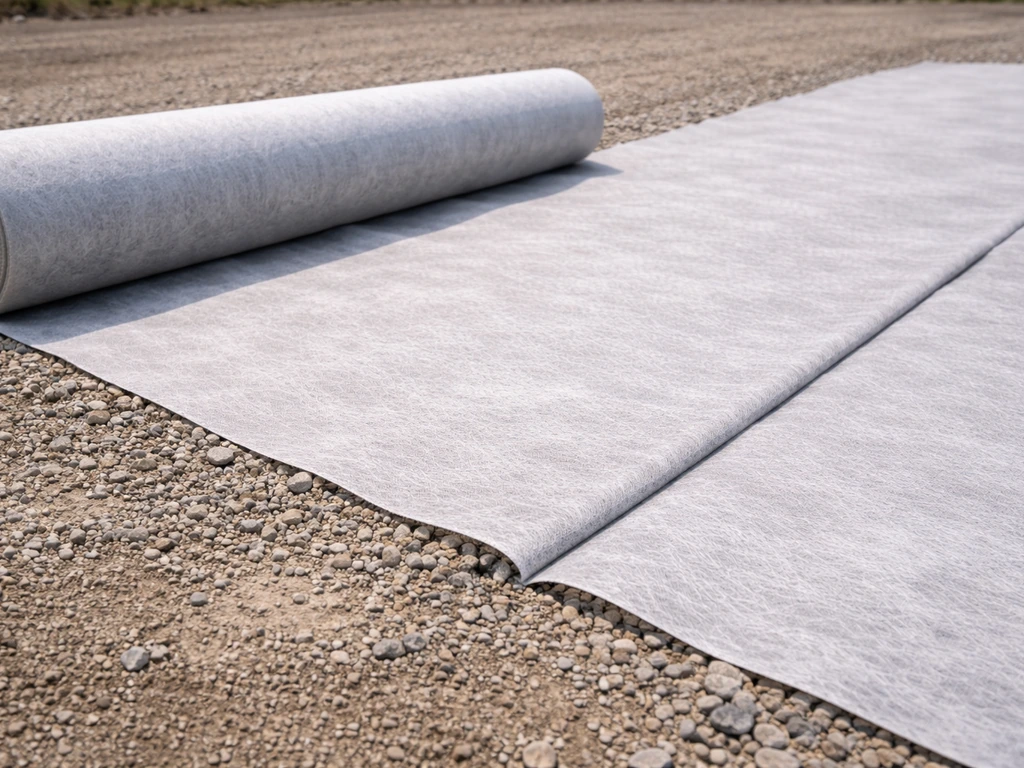 Geotextile fabric unrolled and lapped over compacted aggregate base before interlocking concrete pavers