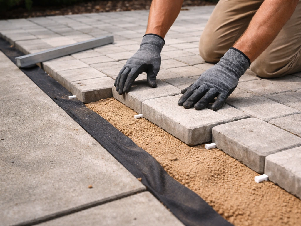 Gloved hands installing pavers over an existing concrete slab with separation fabric at the edges.