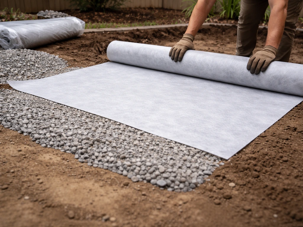 Hands roll geotextile fabric over compacted patio base with gravel layers in a backyard.