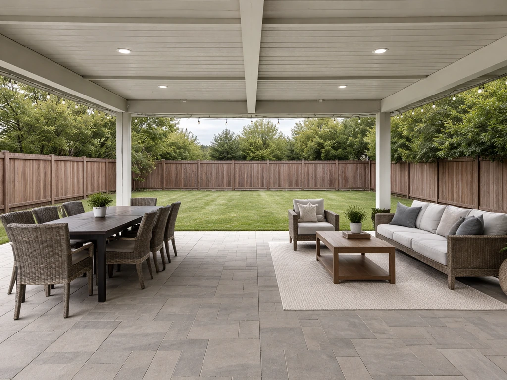 Wide covered patio showing dining and lounge areas with clear open walkway space and scale.