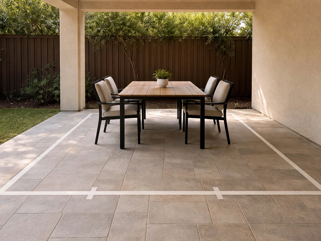 Covered patio dining setup with a clear taped rectangle on the ground to estimate footprint.