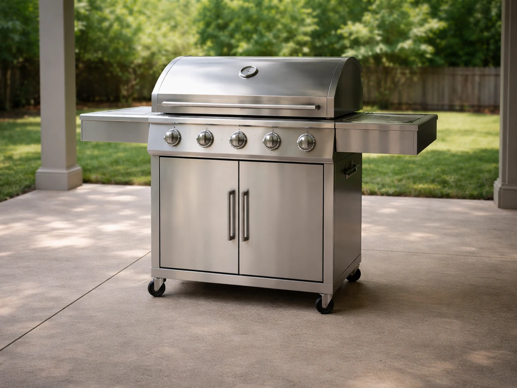 Close-up of a freestanding outdoor grill on a covered patio with clear clearance space around it