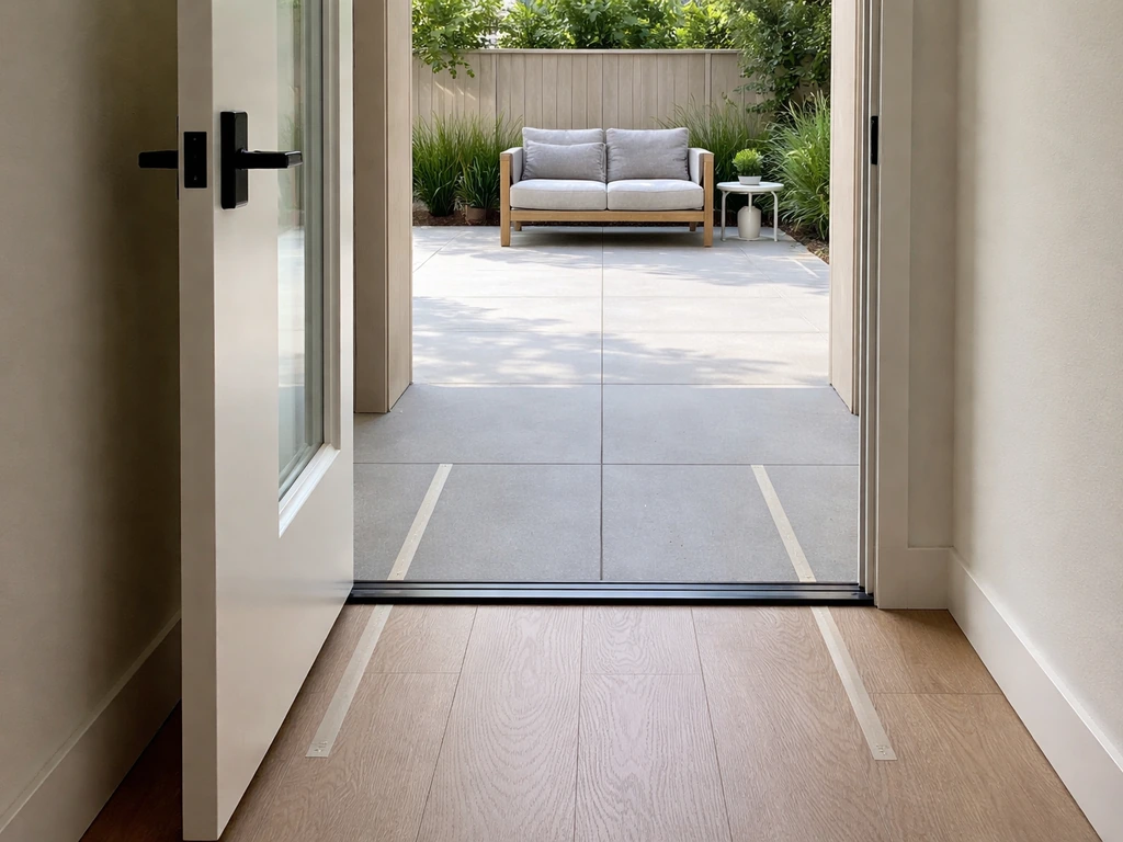 View from doorway showing a clear 36-inch walking path to a small patio seating area