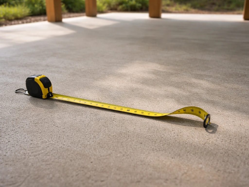 Tape measure laid across a covered patio floor to suggest how patio size affects cost and value.