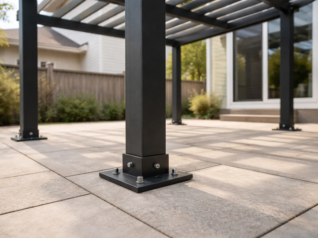 Pergola posts mounted on residential patio slabs, with visible base brackets and anchoring hardware.